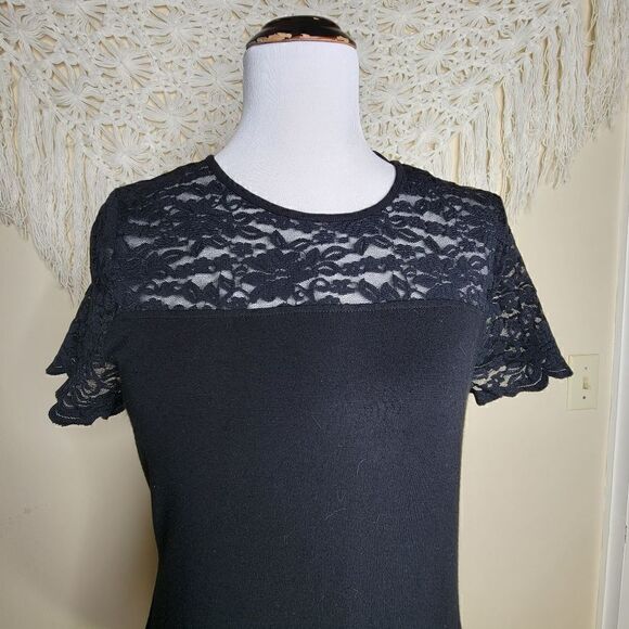 Vince Camuto Lace Top Short Sleeve Midi Shift Dress Black Size Large - Picture 4 of 7